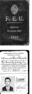 Foto de Cubierta y primera página del carnet de la FEU de Armando Hart Dávalos en 1952.